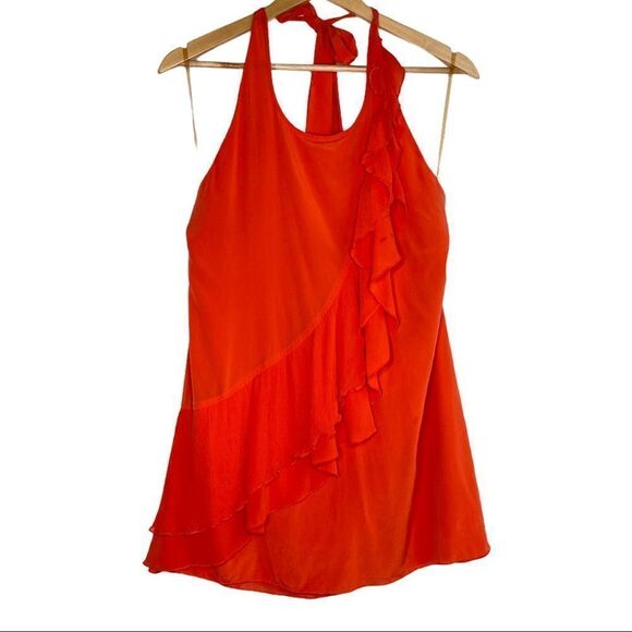 Alice + Olivia Orange Silk Halter Ruffle Tie Top Medium - Picture 1 of 5